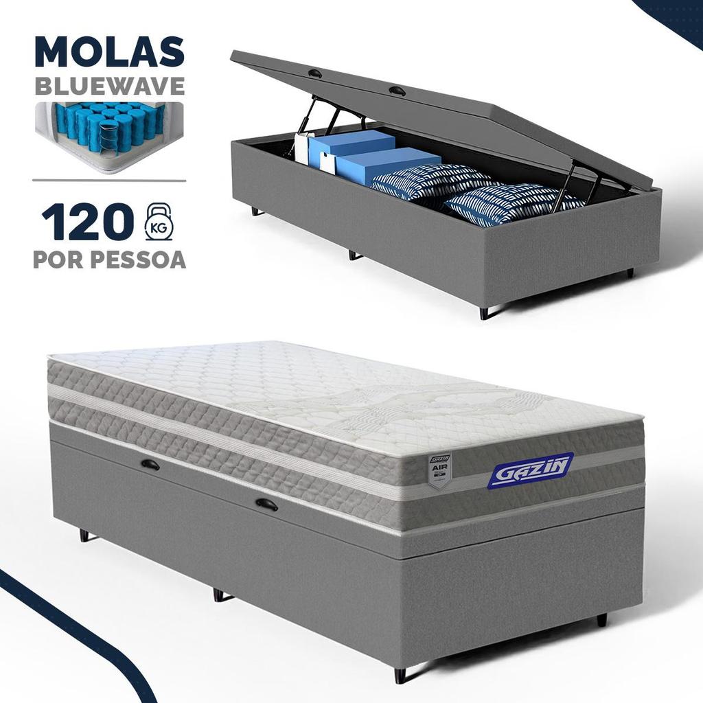 Cama Box Baú com Colchão Gazin de Molas Ensacadas One Face Air Up Solteiro 88cm