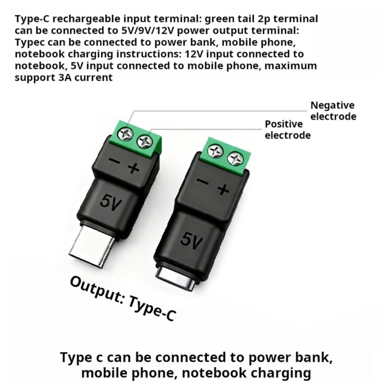 YOI 2 USB C Para 2 Pinos Adaptador De Terminal Verde Conectores Fonte De Alimentação De 15 W Gadgets E Eletrodomésticos