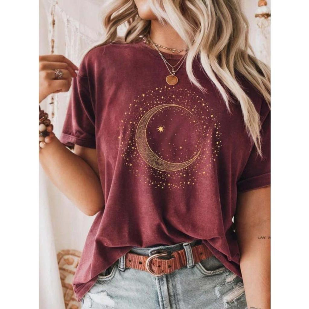 Tshirt Feminina Estilosa Camisa Estampada Círculo de Lua e Poeira das Estrelas Estampada Lançamento Camiseta 100% Algodã