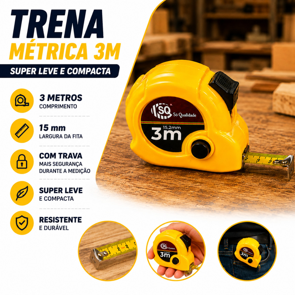 Trena Métrica Profissional 3 Metros Compacta Leve Resistente