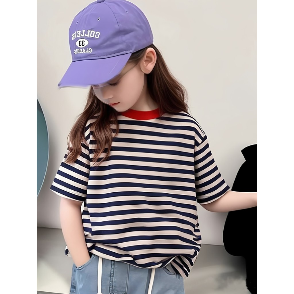 Meninas de manga curta camiseta verão novo estilo crianças estilo ocidental listrado meia manga puro algodão médio grand