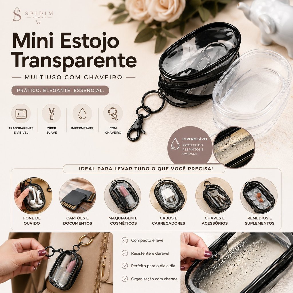 Mini Estojo Transparente Multiuso Com Chaveiro Porta Fone Cabo Chaves Maquiagem Impermeável