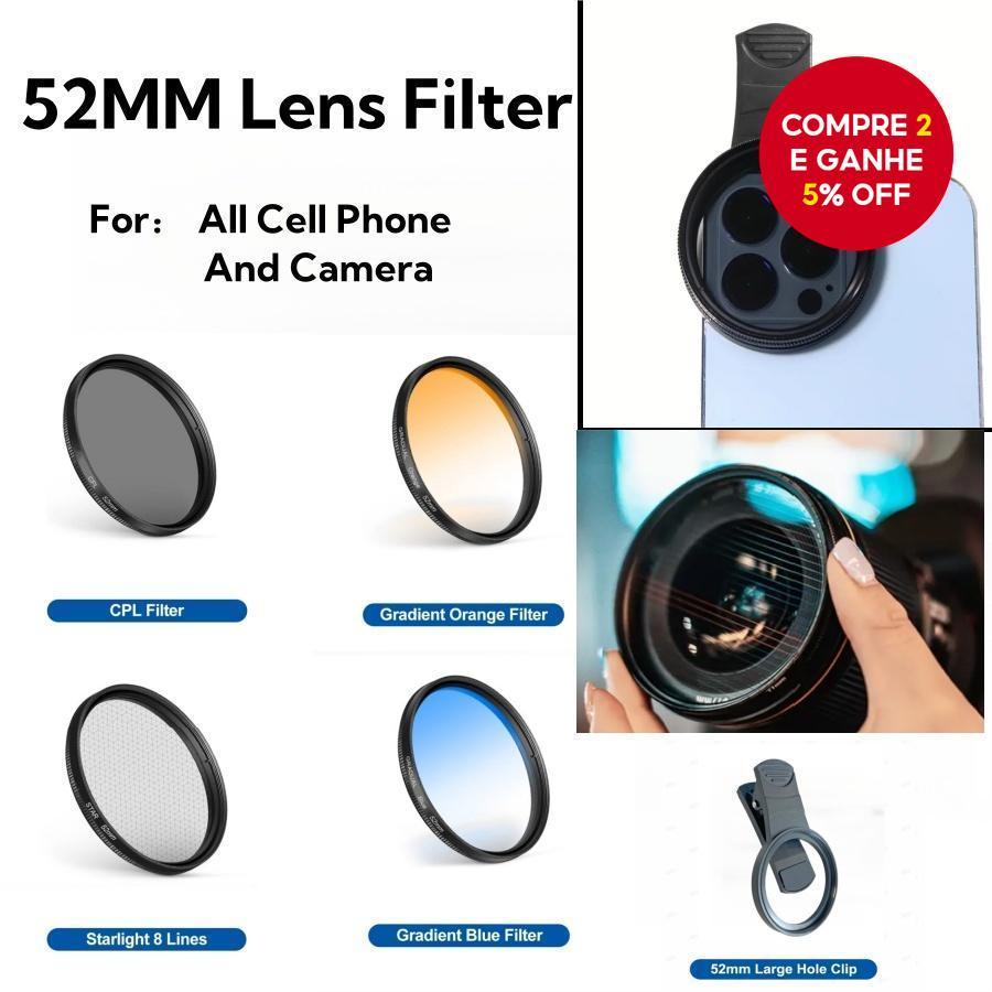 Filtro CPL ultrafino de 52 mm, filtro de lente gradiente UV e filtro de efeito de estrela de oito linhas para telefone