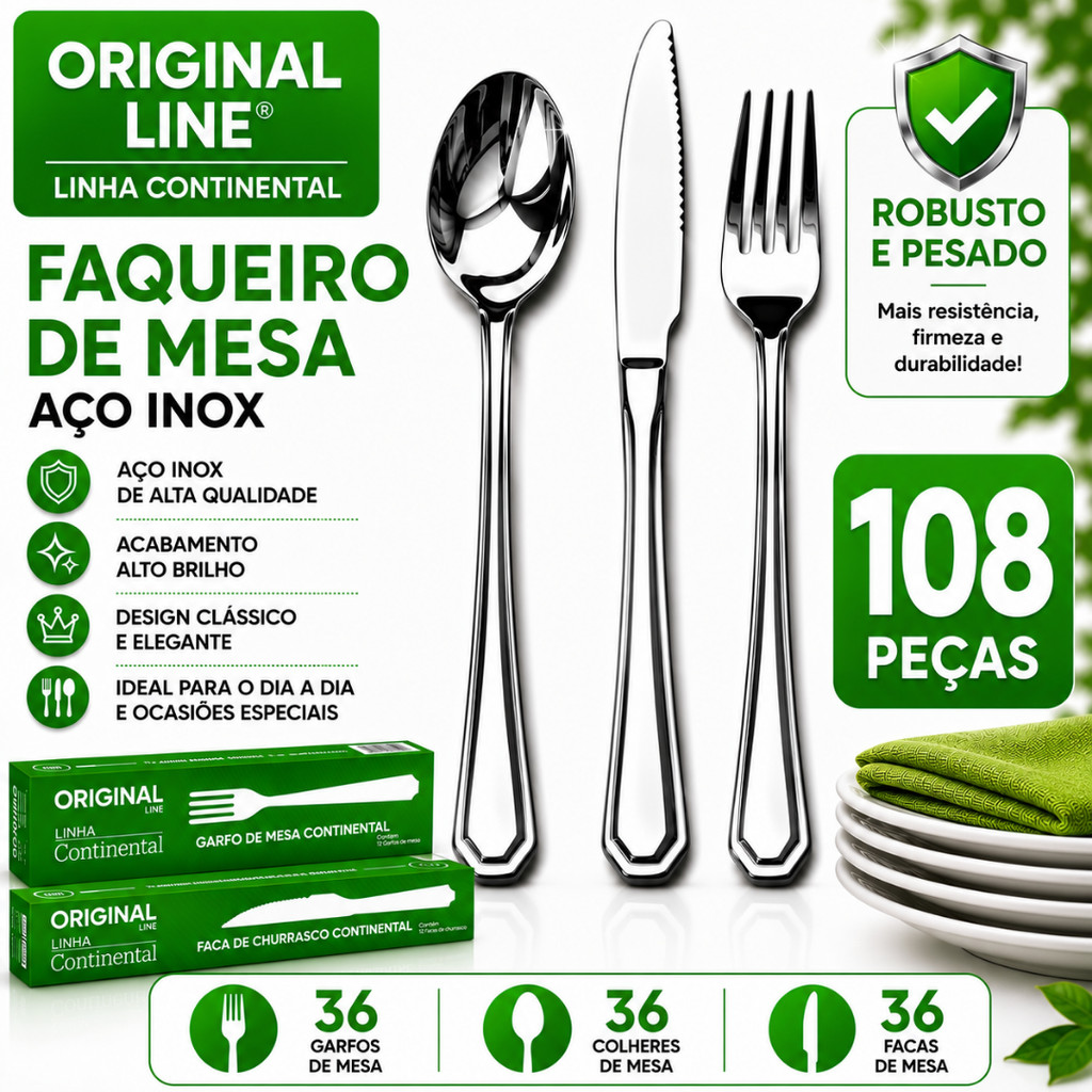 Faqueiro Original Line 60 72 108 Peças Aço Inox Linha Continental Premium