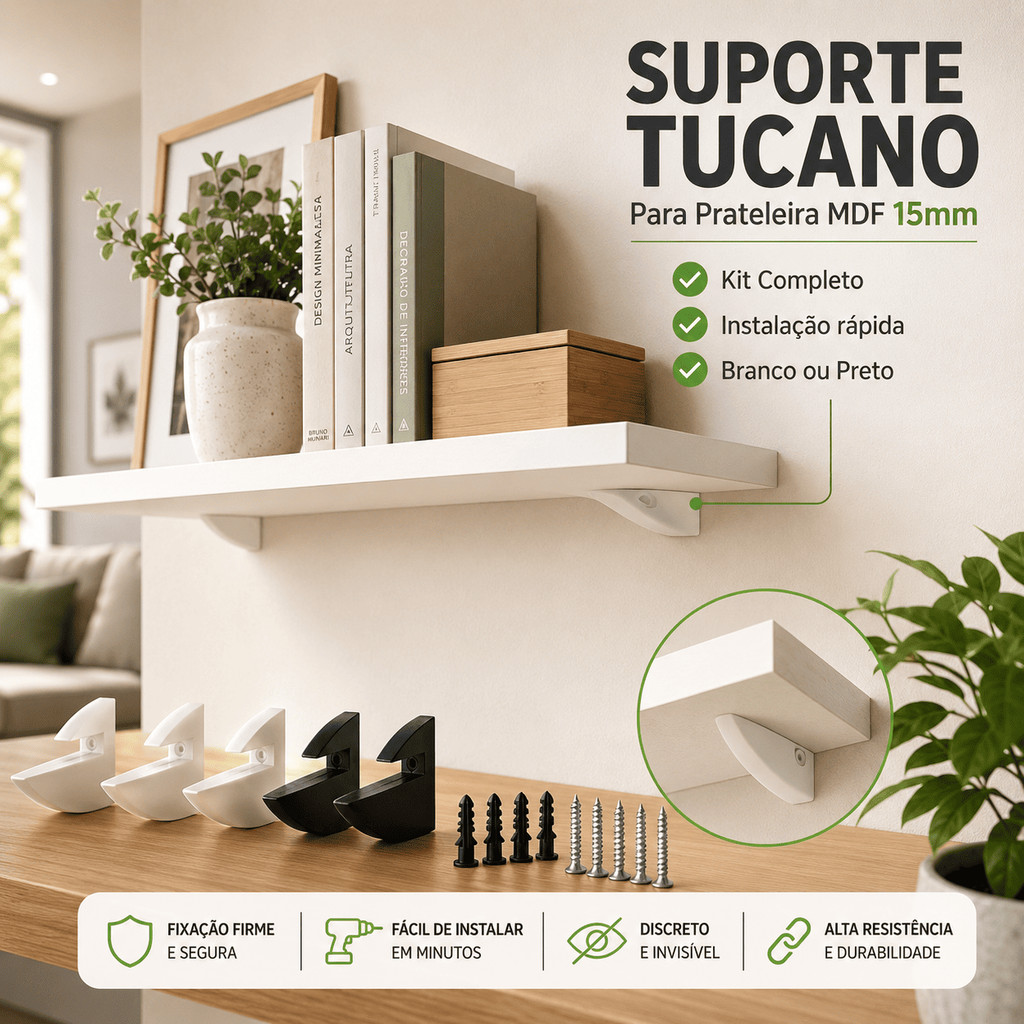 Kit 20 Suportes Tucano MDF 15mm Fixador Invisível Para Prateleira Preto e Branco