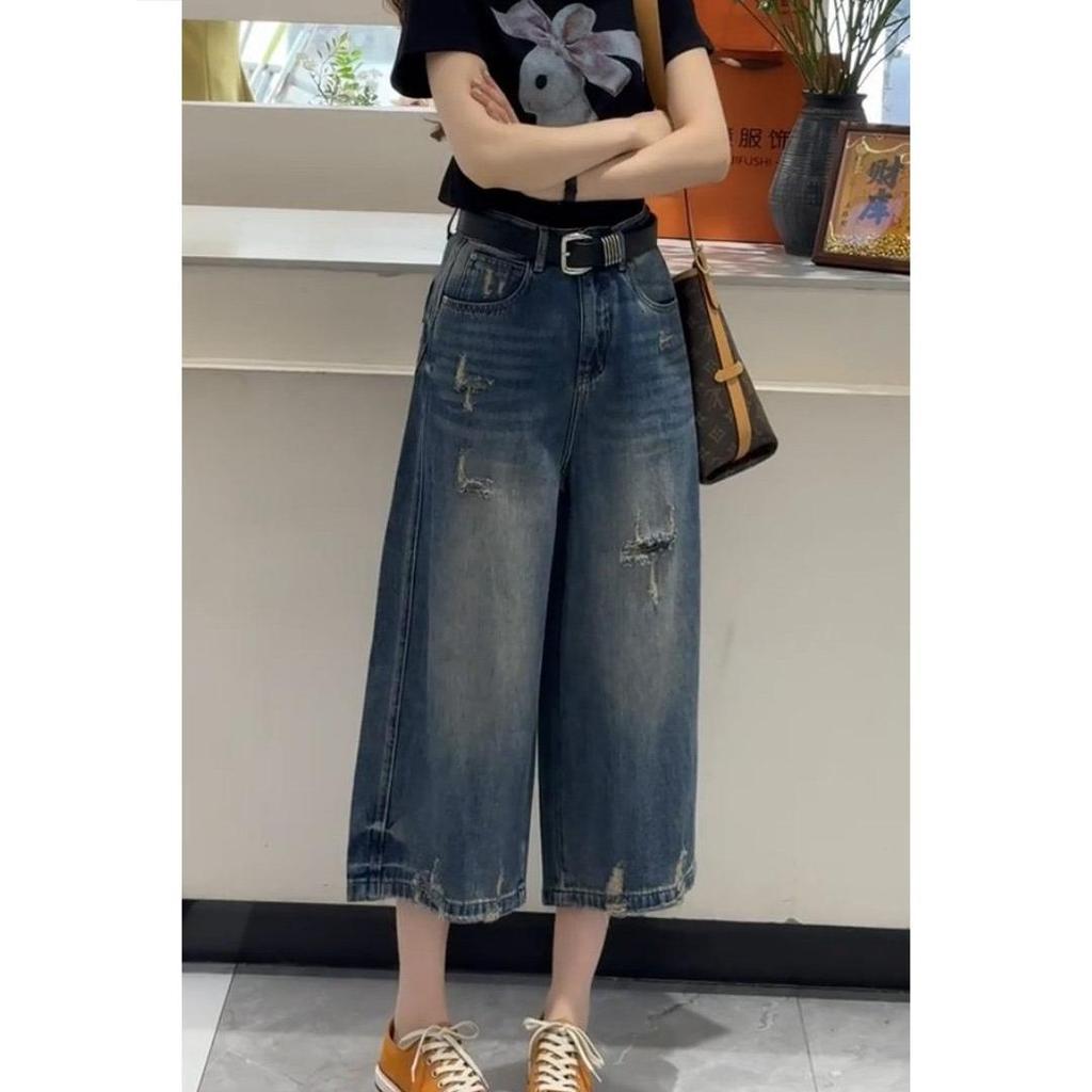 Jeans de olhos grandes-jeans retrô femininos rasgados calças de perna larga verão calças finas de perna reta formato de