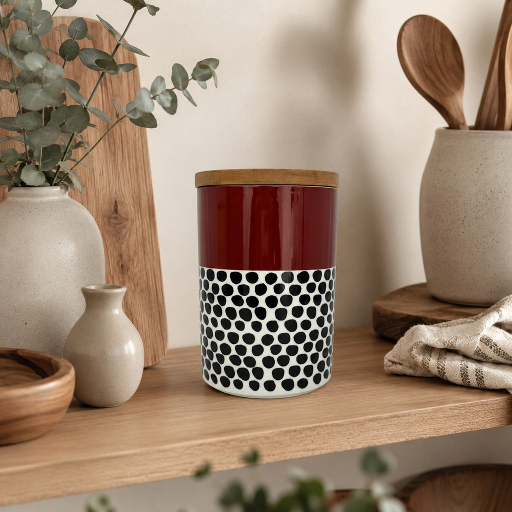 Pote Potiche Decorativo Vinho Branco Poá Preto Tampa Bambu 1250ml