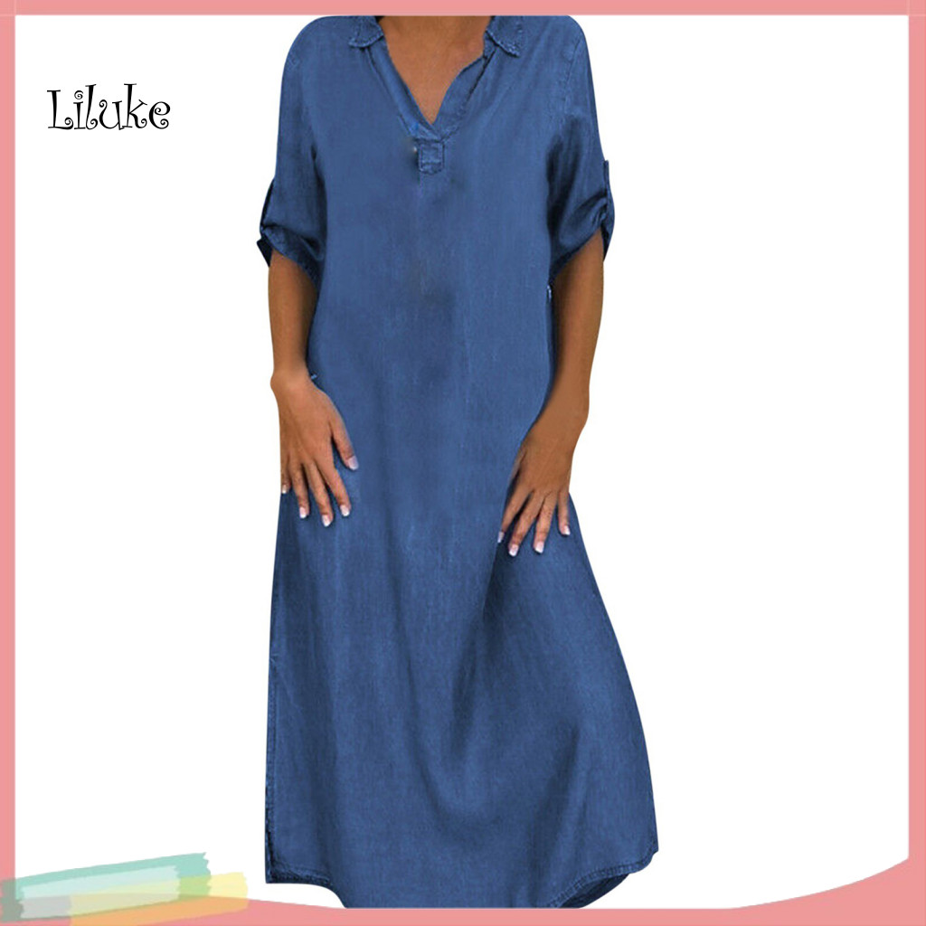 A-line Dress V-neck Pullover Casual Plus Size Women’s V Neck Maxi with Short Sleeves Cufflink Split Hem Buttons – Be