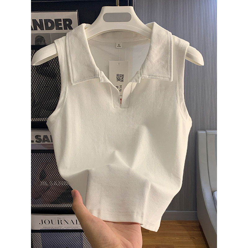 Algodão branco gola polo sem mangas colete feminino roupa interior primavera outono novo estilo quente menina magro-ajus