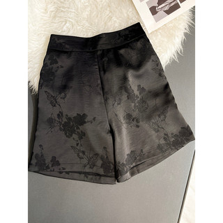 Novo estilo chinês cetim Jacquard Shorts senhoras cintura elástica calças de perna larga estilo chinês All-Match senhora