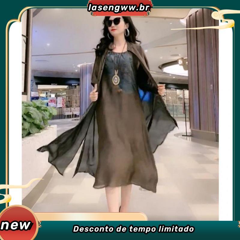 Vestido de Seda Floral Elegante de Duas Peças para Mulheres Plus Size Casual Praia Vintage Longo Vestido de Mãe 2023 Nov