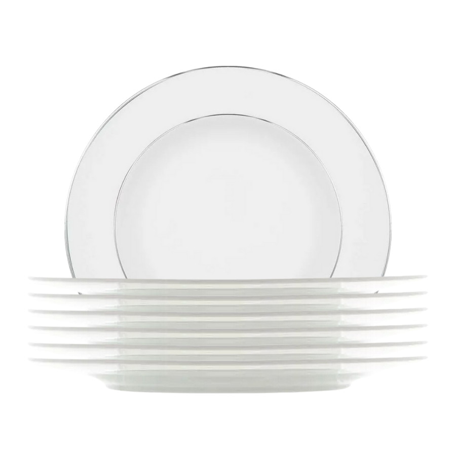 Jogo 12 Pratos de Cerâmica Porcelana Branco Borda Prateada Raso Refeição 27cm