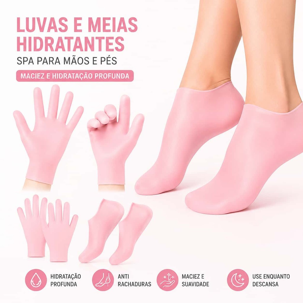 Kit Luvas e Meias Silicone Hidratante para Mãos e Pés Spa Anti Ressecamento e Rachaduras