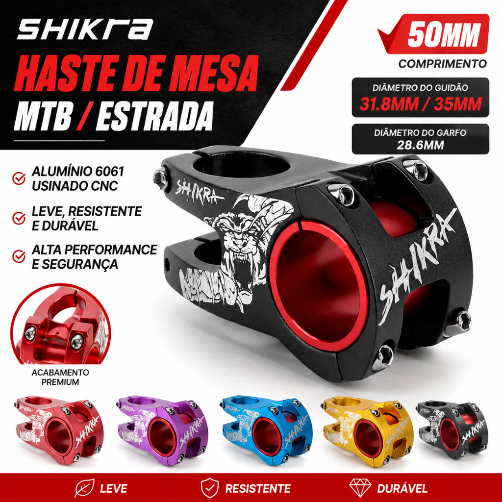 SHIKRA Haste Mesa Bike MTB Estrada 50mm Alumínio 6061 CNC Guidão 31,8mm 35mm Leve Resistente Durável Mountain Esportiva