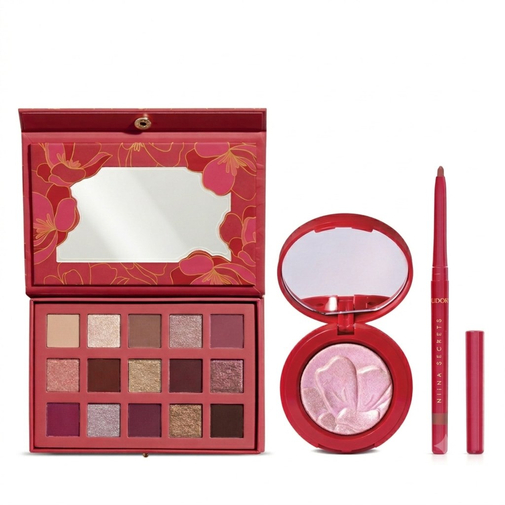 Combo Niina Secrets Soft Petals: Paleta de Sombras 10g + Iluminador 3g + Lapiseira Labial Rosa Secreta 1,2g