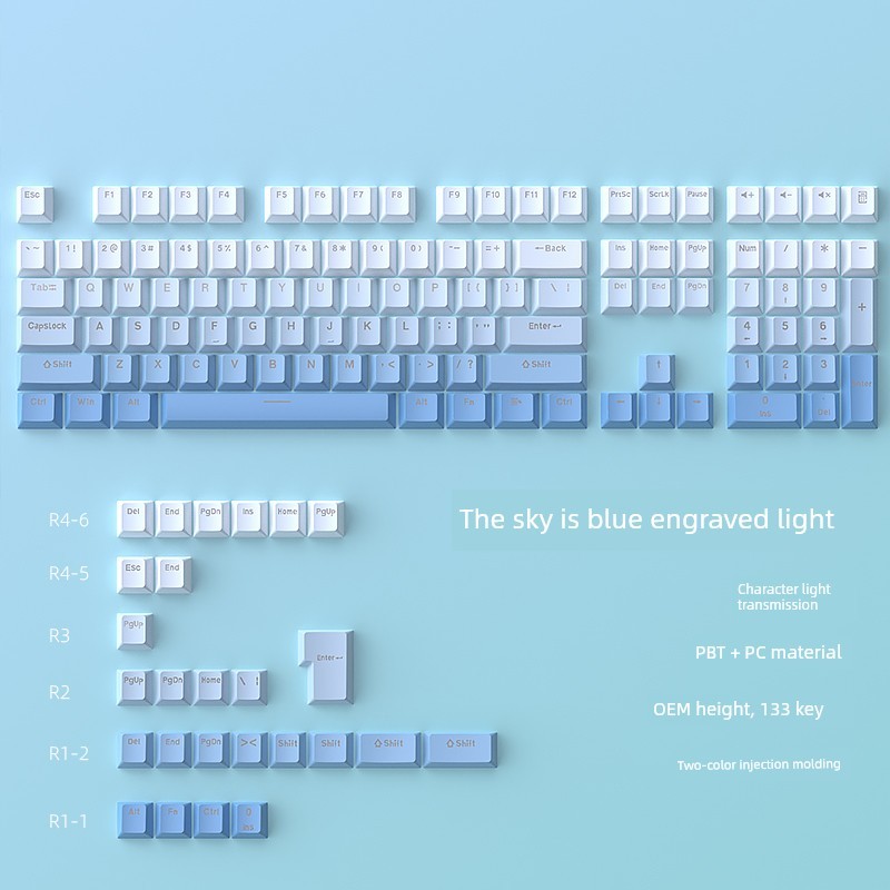 Céu azul genuíno gravado Keycap transparente gradiente PBT teclado mecânico OEM altura pequeno conjunto completo moldage