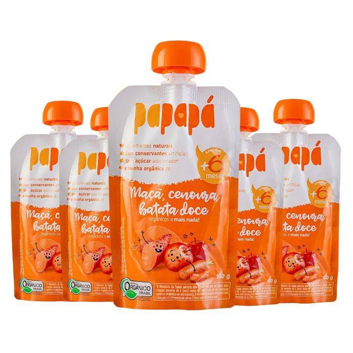 Kit Papinha Infantil Orgânica Maçã Cenoura Batata Doce Papapá Sem Açúcar - 5 Unidades 100g