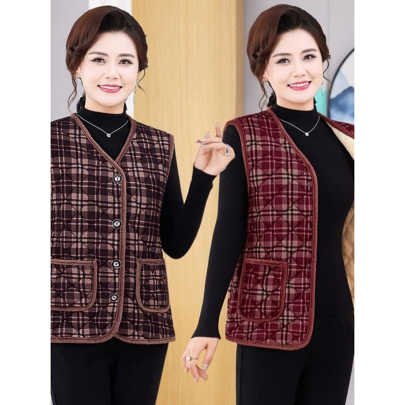 Roupas femininas idosas de meia-idade Roupas da mãe Colete xadrez Casual Roupas de outono inverno Forro de lã engrossado
