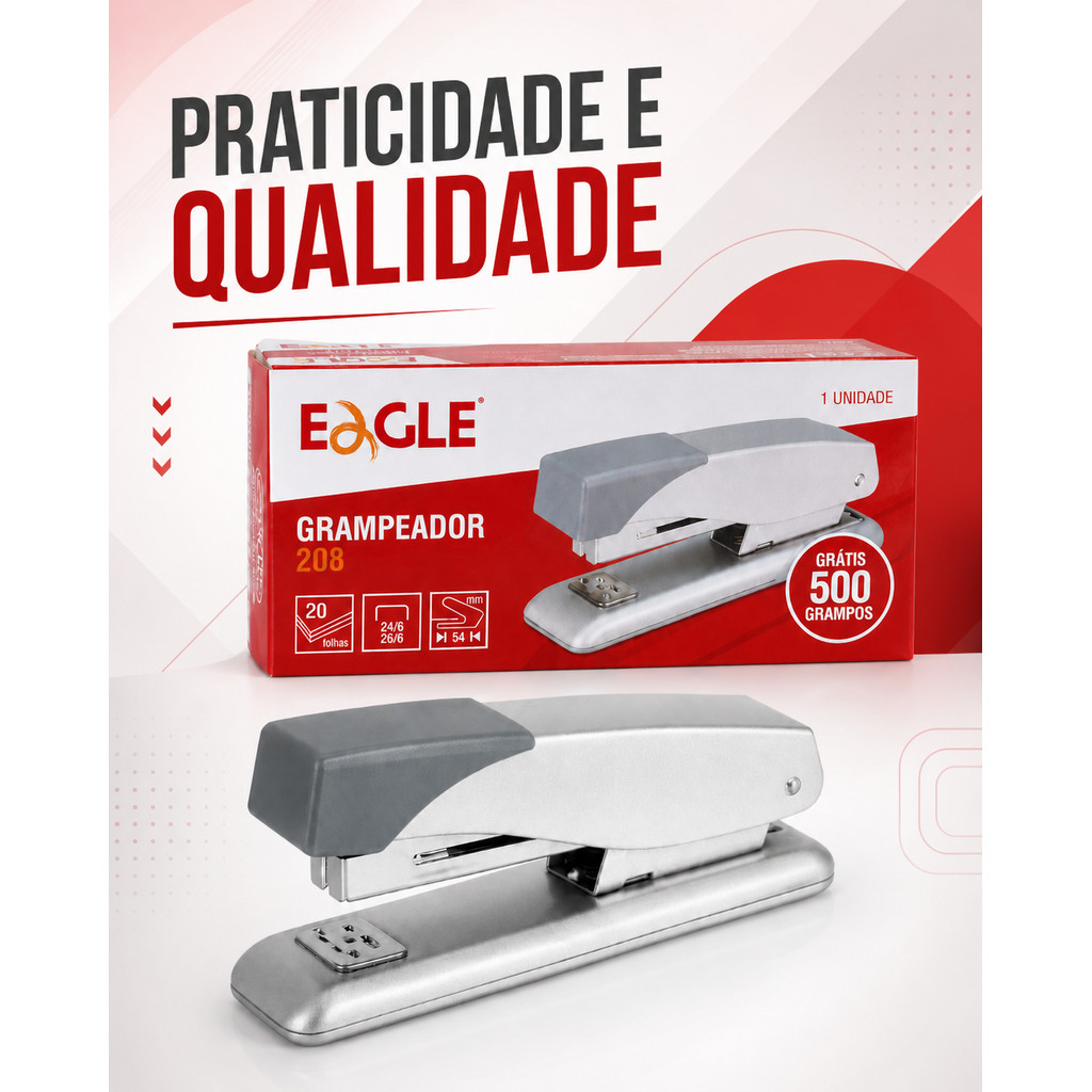 Grampeador Eagle 208 Metal 20 Folhas Com 500 Grampos