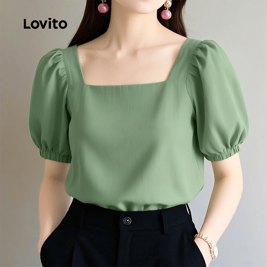 Lovito Blusa Casual Lazer Estilo Versátil Blusa Feminina Verde claro LK4AD028 · foto 2