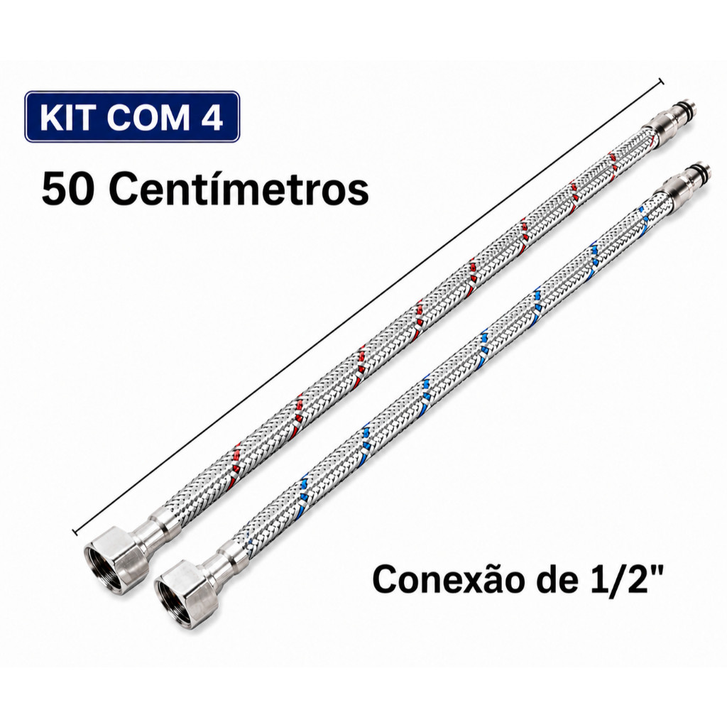 Par Engate Flexível 50cm Para Misturador Monocomando 1/2" | Kit Com 4