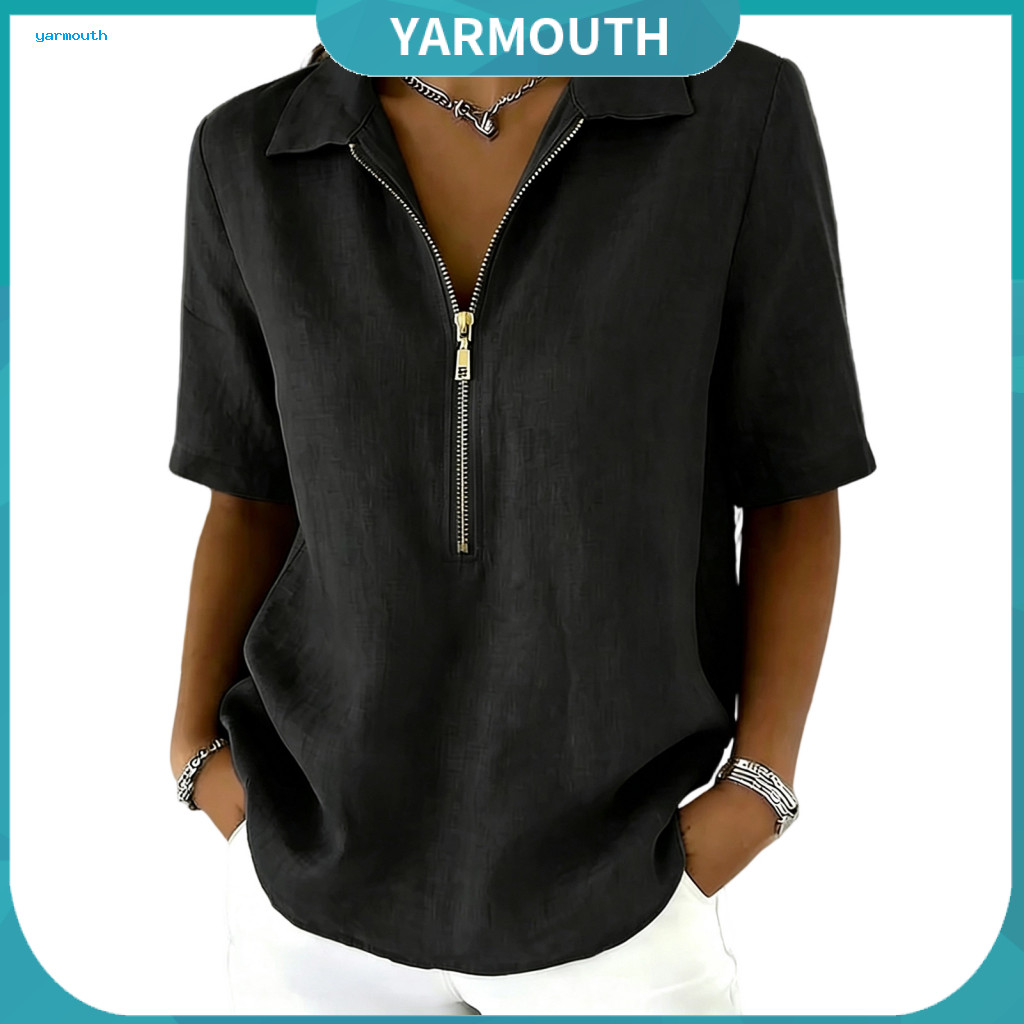 Women Casual Shirt Lapel Tops Women’s Zipper Pullover Top – Short Sleeve Half Placket Blouse Regular Fit Solid Color