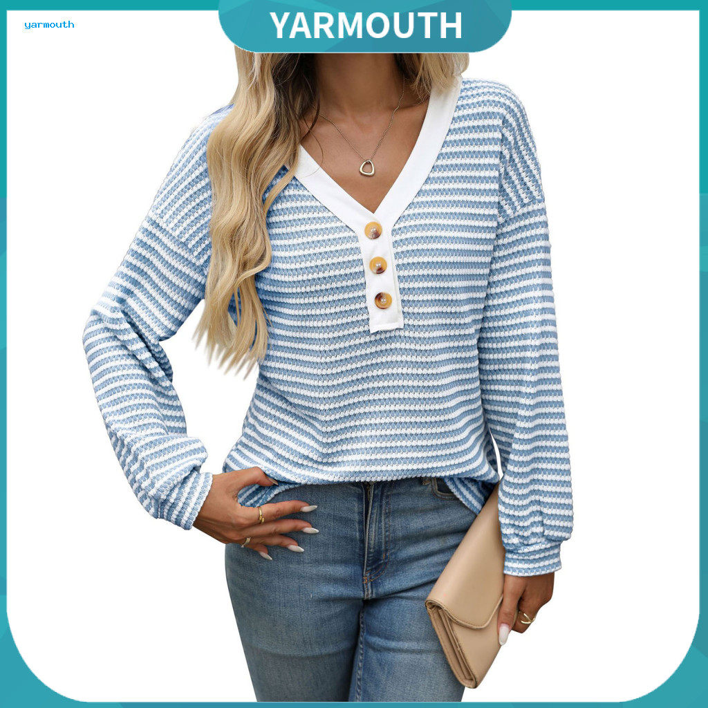 Adjustable Collar Tee Women T-shirt Women’s V-neck Long Sleeve with Buttons Color Block Splicing Pullover Top Half Clo