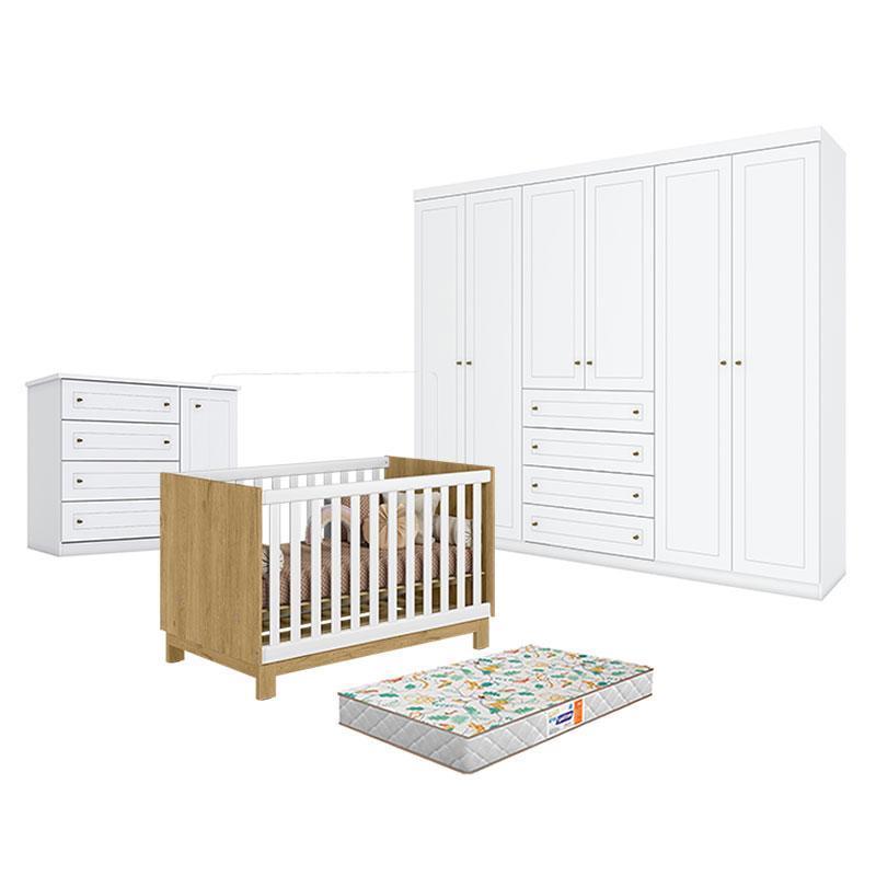 Quarto de Bebê 6 Portas com Berço Mini Cama Q Encanto Slim Freijó Branco Acetinado - Qmovi - Henn e Colchão Gazin