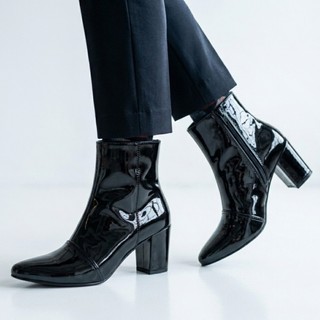 Bota Feminina Verniz Bico Fino Luxo Salto Bloco Zíper Lateral Moda Ref. 20/125