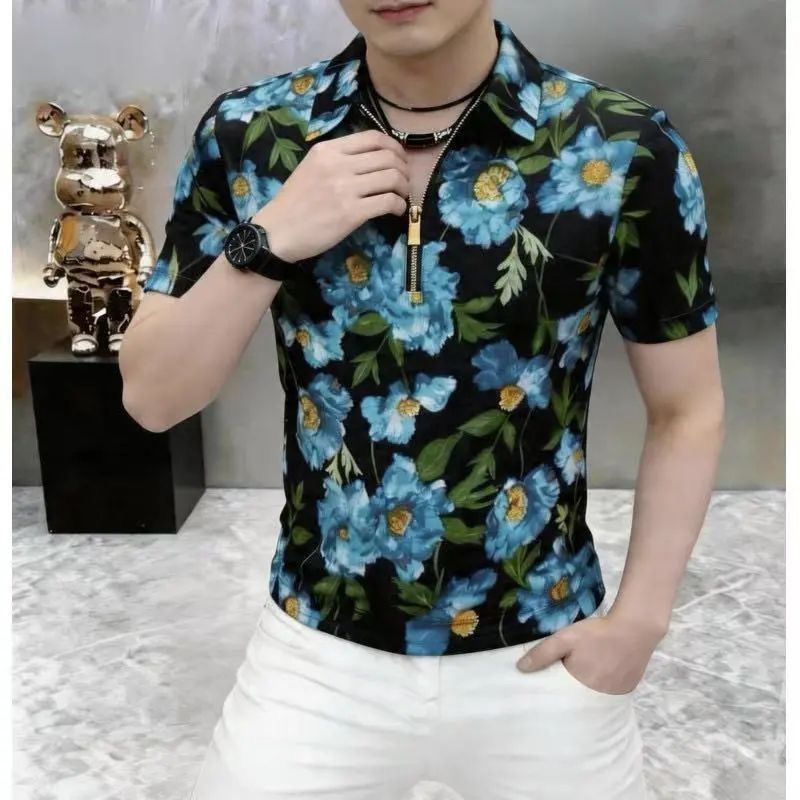Pronto estoque versão europeia luz luxo gelo seda camisa de manga curta masculina verão impresso Street Wear Casual meio