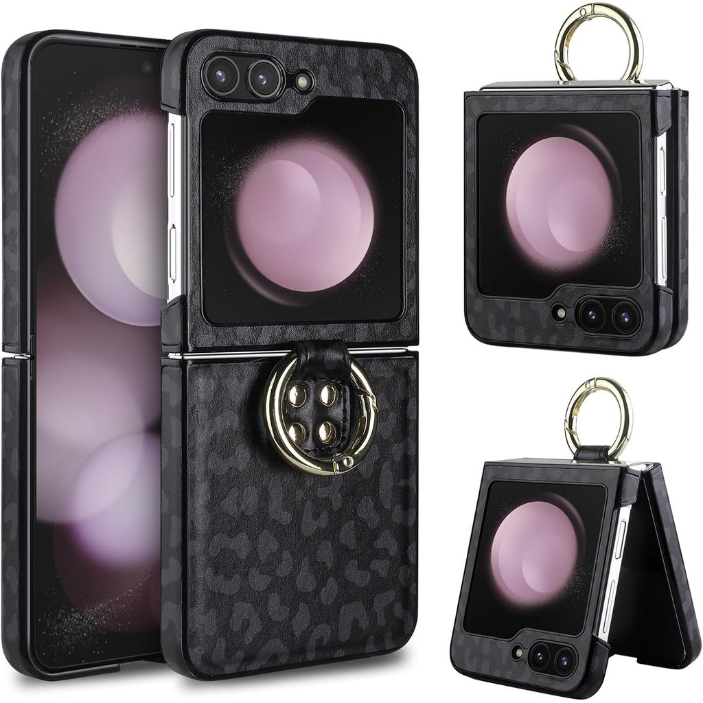 Capa Vofolen para Samsung Galaxy Z Flip 5 com Anel [PC Rígido + Couro PU Macio] 