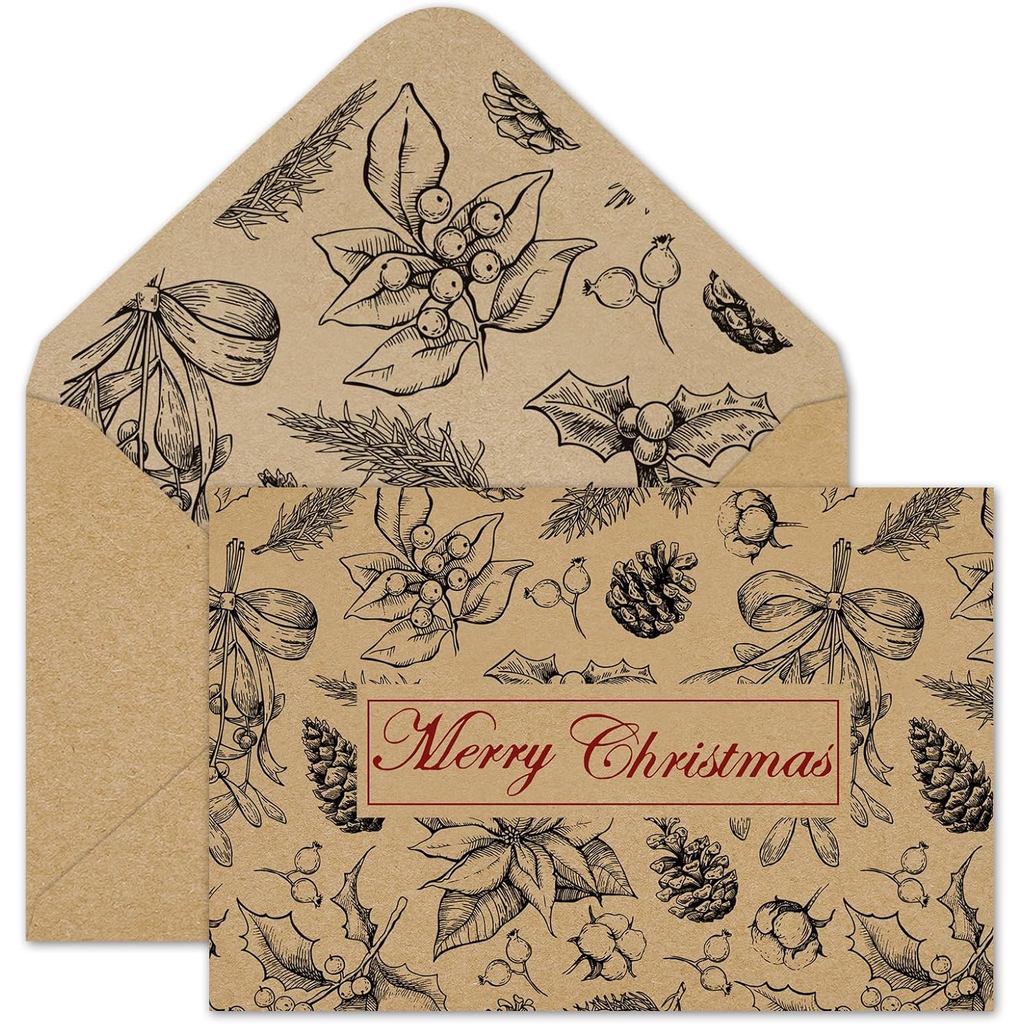 Whaline 24 Packs Merry Christmas Kraft Greeting Cards Xmas Vintage Botanical Berry Pine Cone Blank Note Cards with Envel