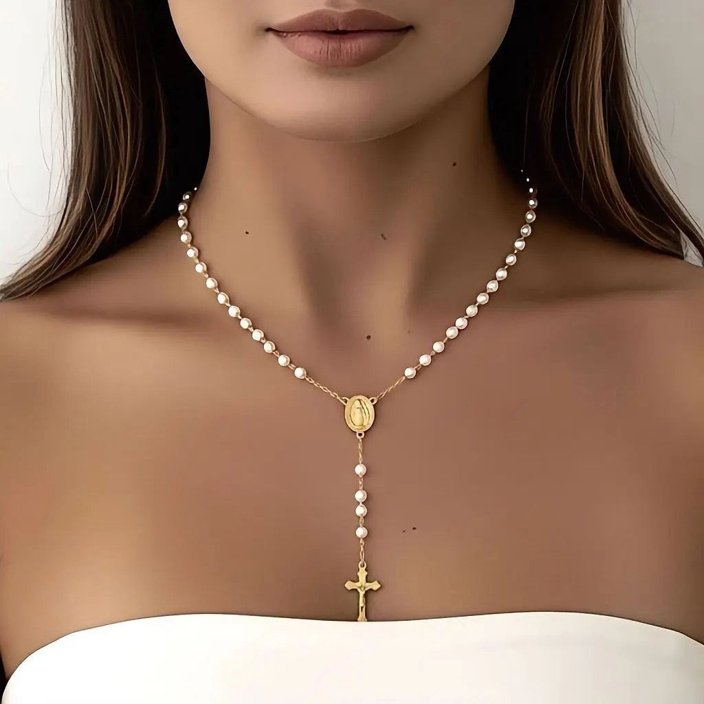 Terço Colar de Nossa Senhora em Ouro e Prata, Banho 18K e Prata 925 - Jóia Religiosa