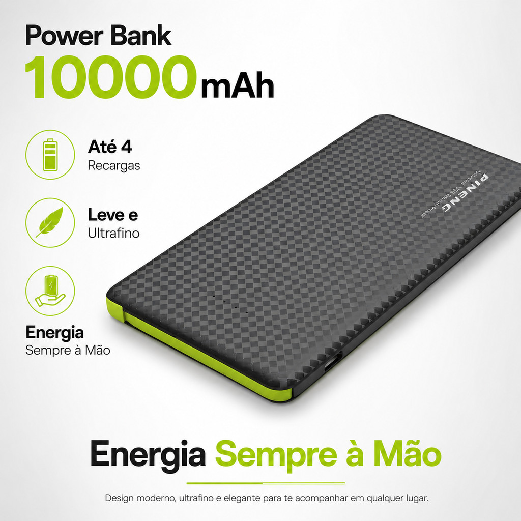 Power Bank Pineng 10000mAh Carregador Portátil Com Micro USB E Cabo Lightning