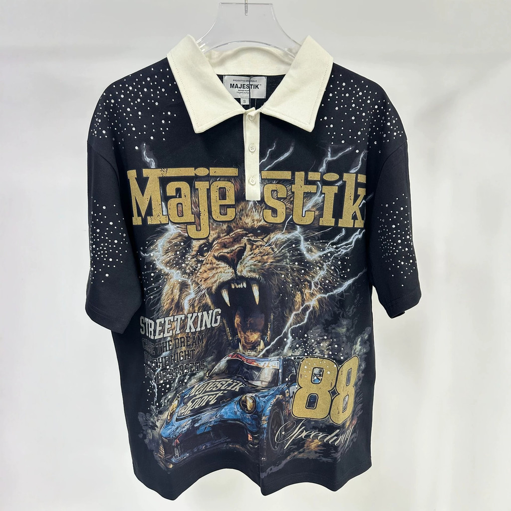 MAJESTIK American High Street Hot Diamond Tiger Print Camiseta Homens Mulheres Street Wear Street Solto Camisa Polo de M
