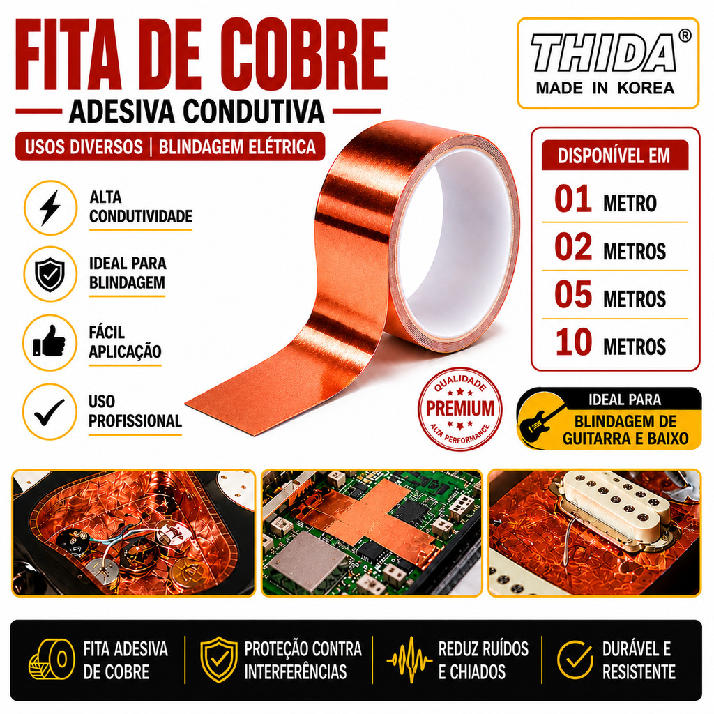 Fita Adesiva Cobre Thida 50mm Blindagem Eletromagnética Autoadesiva Instrumentos
