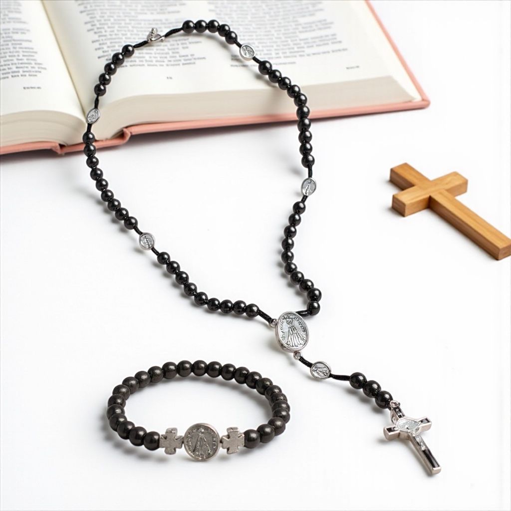 Terço Pescoço Com Pulseira Nossa Senhora Aparecida Hematita
