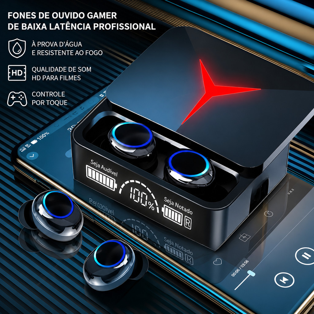Fone Bluetooth M90 Pro TWS 5.3 Gamer HiFi Sem Fio com Display LED Type-C