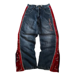 Streetwear Nova Moda Vintage Carta Bordado Vermelho Baggy Jeans Feminino Y2K Gótico Hiphop Popular Casual Em Linha Reta