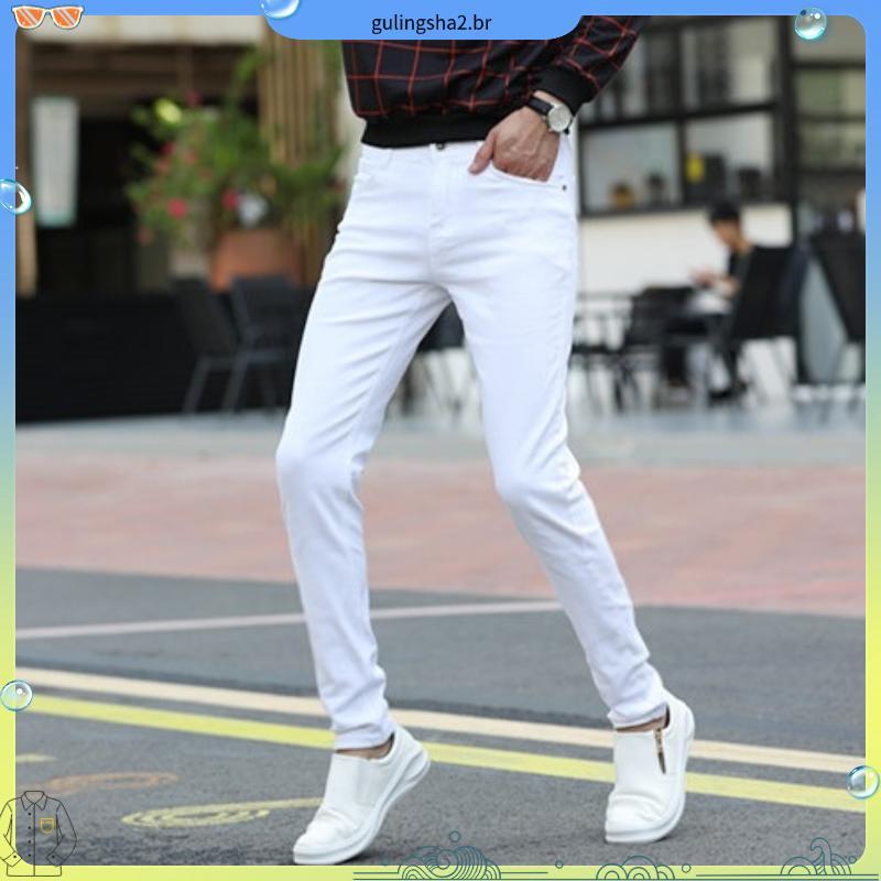 Calças vermelhas masculinas na moda Jeans primavera outono único elástico calças magras forro de lã espessamento All-Mat