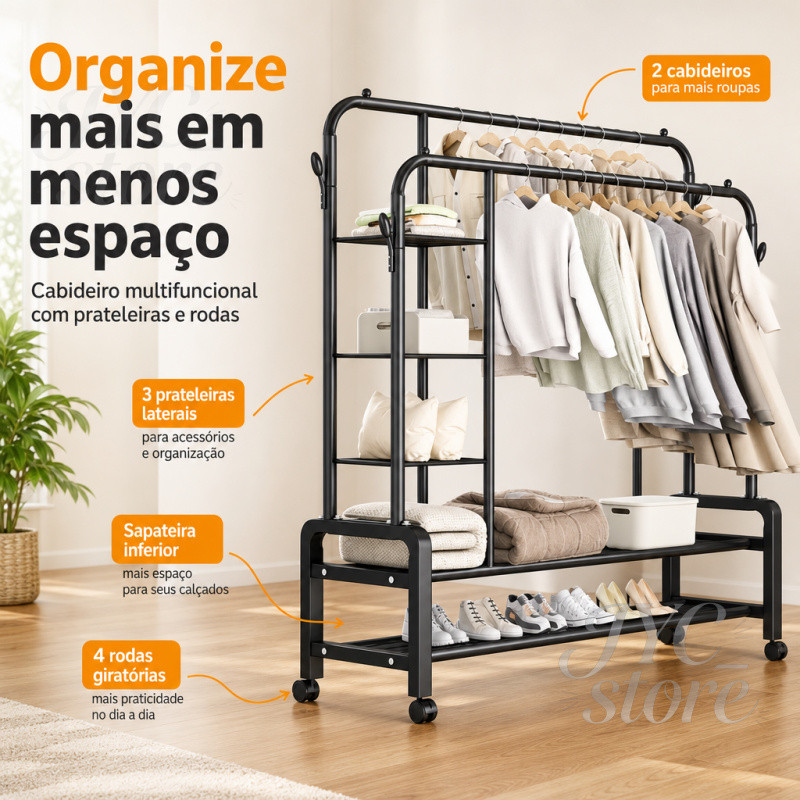 Guarda-roupas, sapateiras, prateleiras com divisórias e guarda-roupas portáteis com rodinhas
