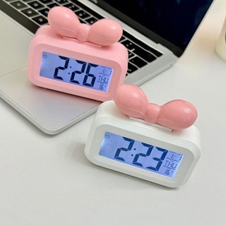 Relógio Digital LED com Laço Fofo, Detecção de Temperatura, Mini Despertador com Luz Noturna, Decoração de Mesa, Present
