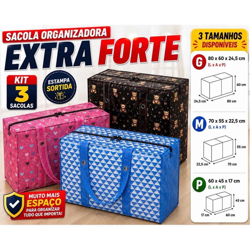 Kit 3 Sacolas Feira Reforçadas Grande com Zíper Impermeável Dobrável Alta Capacidade Mercado Viagem