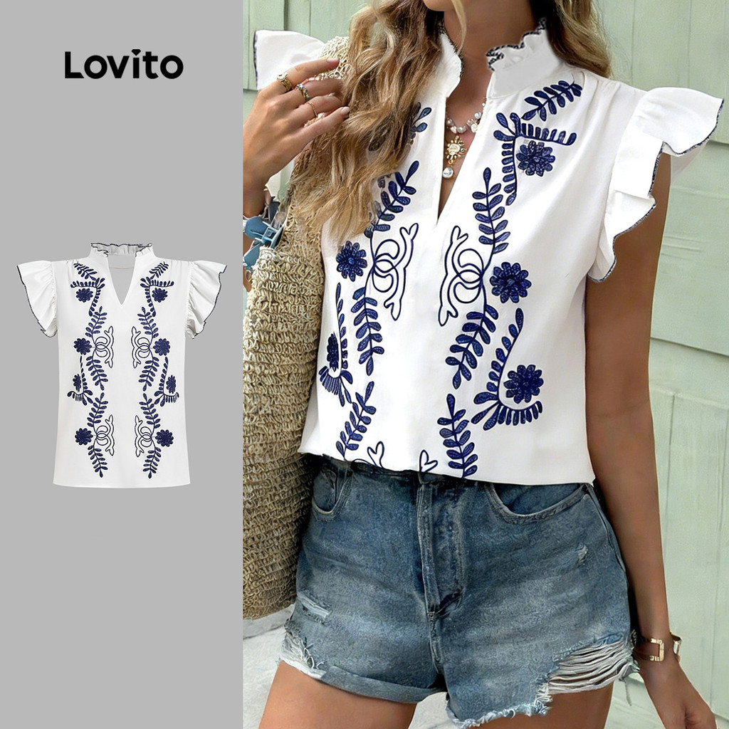 Lovito Blusa Boho Babados Blusa Primavera/verão para Mulheres LBL33066