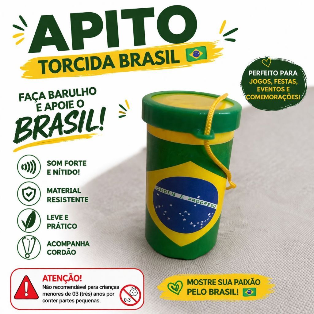 Apito Torcida Brasil com Cordão Verde Amarelo Copa Futebol