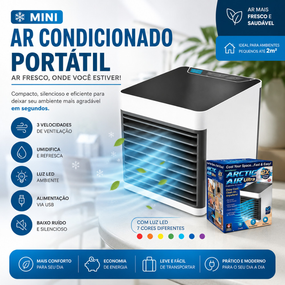 Mini Ar Condicionado Portátil USB Climatizador Umidificador Ventilador Com Luz LED 3 Velocidades