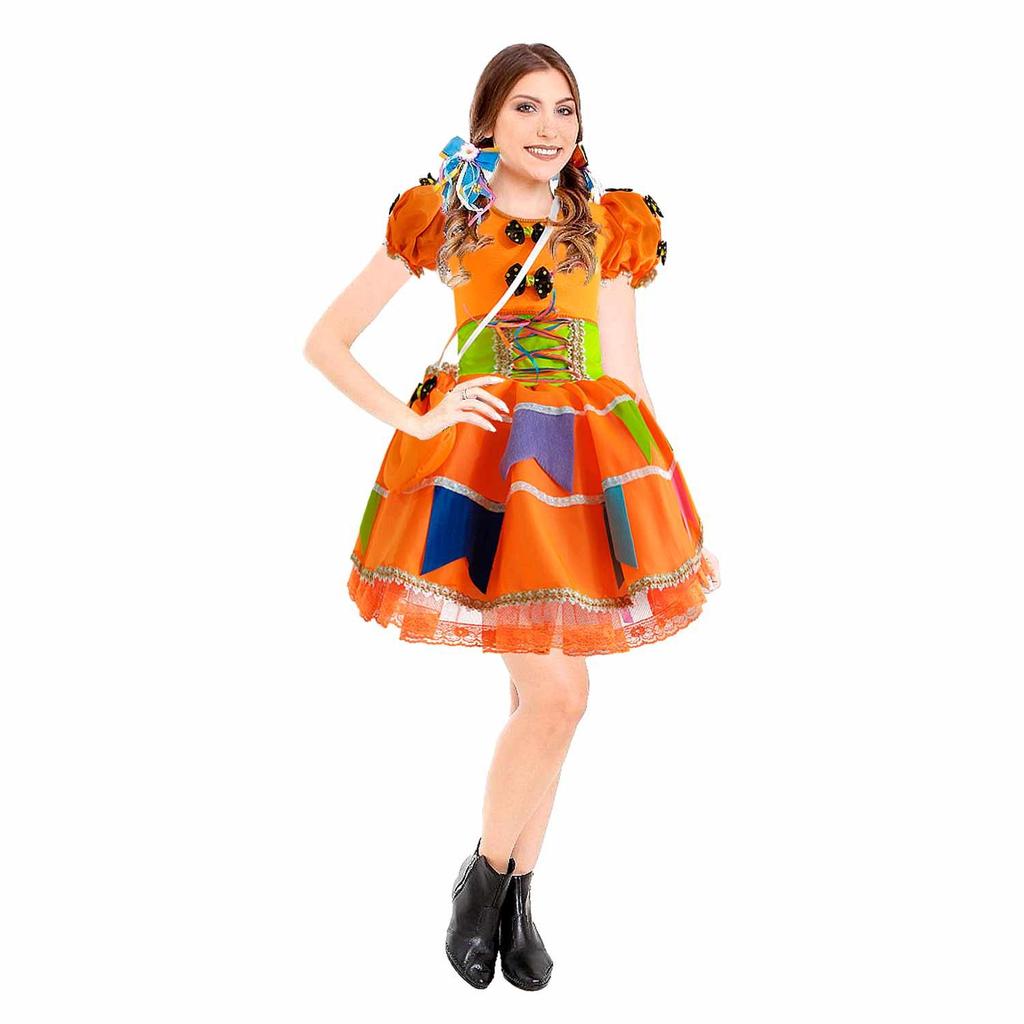 Vestido Festa Junina Feminino Com Espartilho Bandeirinhas e bolsa