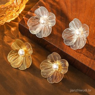 Brincos florais populares de estilo francês ultra-femininos, brincos minimalistas de metal exagerados para mulheres, lux