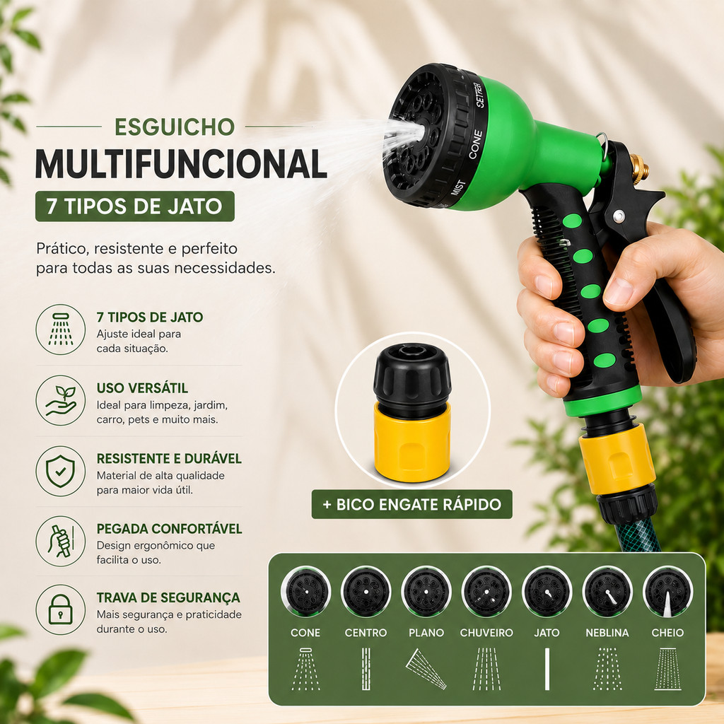 Esguicho de mangueira de jardim 7 jatos alta pressão bico regulável