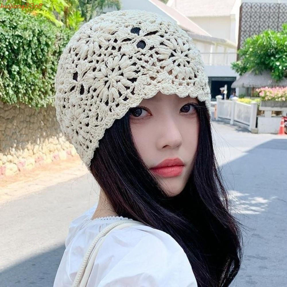 Chapéu De Malha De Flor De Crochê HUIJIANG , Gorro Vazado Coreano Estilo Boêmio , Boné Tecido De Renda Feito À Mão